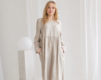 Beige Minimalist Summer Linen Dress With Long Sleeves, Midi Shift Dress With Gather Tie Detail, Short Relaxed Dress for Women, Sizes XS-4XL - Etsy Beige Minimalist Summer Linen Dress With Long Sleeves, Midi Shift Dress With Gather Tie Detail, Short Relaxed Dress for Women, Sizes XS-4XL - Etsy