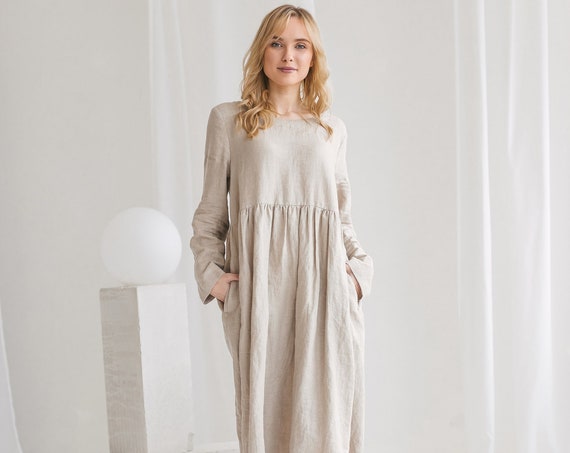 Linen dress STELLA with long sleeves. Linen loose dress with round neck. Maternity friendly clothing. Linen ruffled Casual dress.