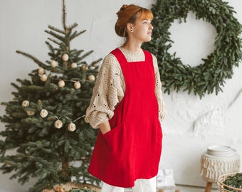 Full crossed back original linen japan apron / Cooking chef kitchen apron with pockets / Pinafore smock tunic kitchen gift
