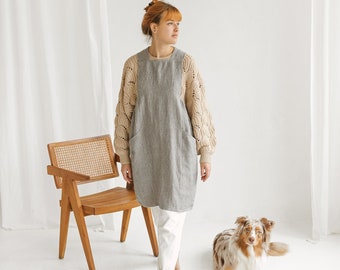Linen apron dress. Big pocket apron. Smock apron. Linen apron. Full apron. Apron with pockets. Midi apron. Stylish apron. Soft linen apron.