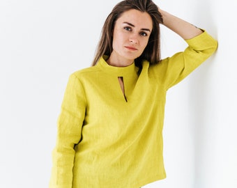 Linen blouse with decorated neckline. Yellow color shirt. Elegant top. Modern blouse. 3/4 sleeve blouse. Trendy blouse. Flax top.