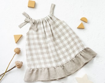 Girls linen dress with ties and ruffle in Natural White Check color. Sleeveless boho children dresss. Summer dress  for toddlers.