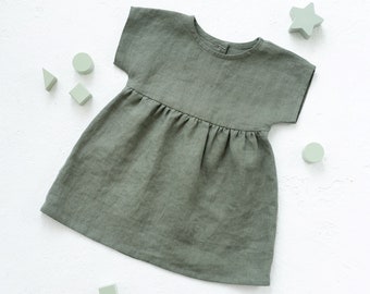 Girls linen dress sleeveless in Olive green color. Linen boho children dresss. Summer dress  for toddlers.