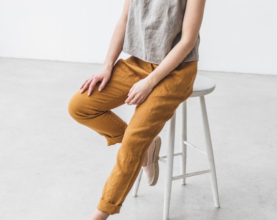 Linen pants. Tapered linen pants with pockets. Woman linen trousers with side seam pockets and mid rise waist. Soft linen pants.