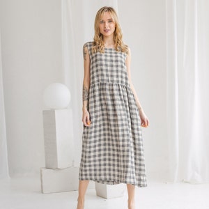 Linen dress STELLA. Loose linen dress. Linen sleeveless dress. Linen dress mid-calf length with round neckline. Linen Casual dress.