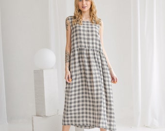 Linen dress STELLA. Loose linen dress. Linen sleeveless dress. Linen dress mid-calf length with round neckline. Linen Casual dress.