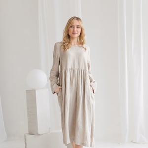 Linen dress STELLA with long sleeves. Linen loose dress with round neck. Maternity friendly clothing. Linen ruffled Casual dress.