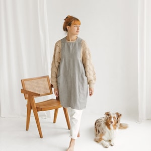 Linen apron dress. Big pocket apron. Smock apron. Linen apron. Full apron. Apron with pockets. Midi apron. Stylish apron. Soft linen apron.
