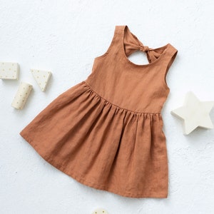 Girls wedding linen dress with bow on back. Simple flower linen toddler dress. Boho flower baby shower gift.  Linen simple flower dress