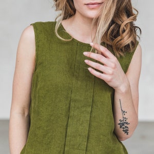 GRACE Linen Handmade tank top blouse in Moss Green. Natural linen Sleeveless casual women shirt  Available in 47 colors