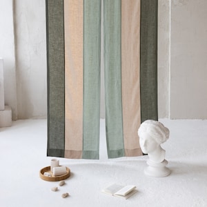 Japanese Door Color Block Curtains. Natural Linen Noren. Medium Weight Linen Olive Green, Oatmeal, Dusty Mint colors.