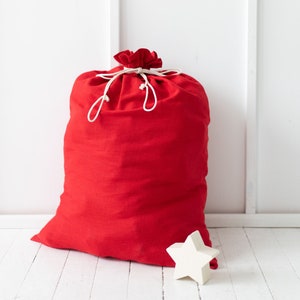 Christmas red linen gift bag, Christmas bag with drawstring, Christmas treats bag, Ready to ship. image 1