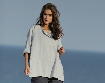 Long linen shirt BELLA. Linen shirt. Linen tank top. Long sleeve kaftan. Blue linen shirt. Medieval shirt. Loose linen clothes.