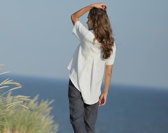 Linen loose fitting crop top CHARLOTTE. Casual short sleeve tank top. Linen smock with sleeves. Tunic blouse.