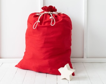 Christmas red linen gift bag, Christmas bag with drawstring, Christmas treats bag, Ready to ship.