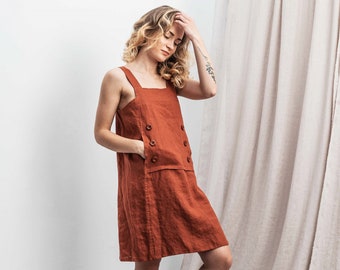 Linen pinafore dress. Daily sleeveless linen dress with front pocket.Dress with straps. Linen sarafan dress. Available in 41 colors.