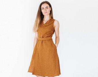 Linen wrap dress CAMILA. Sleeveless summer midi dress with belt. Elegant wrap dress. Washed linen. Available in 47 colors