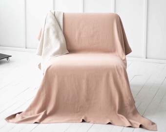 Two Sided Linen Blanket.  Reversible Couch Cover in Cacao and Dusty Peach. Linen Coverlet King, Queen size. Rustic linen Bedspread Slipcover