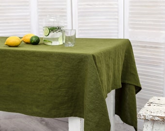 Linen tablecloth. Washed linen tablecloth. Table cloth in moss green color. Handmade table linen available in 47 colors.