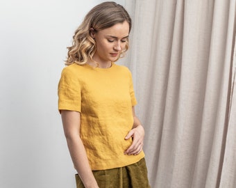 Linen tank top  ABIGAIL. Sunny Yellow Handmade blouse. Short sleeves shirt. Women blouse. Casual  t shirt. Natural linen top. Linen t-shirt.