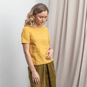 Linen tank top  ABIGAIL. Sunny Yellow Handmade blouse. Short sleeves shirt. Women blouse. Casual  t shirt. Natural linen top. Linen t-shirt.