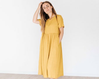 Abito largo in lino STELLA a maniche corte. Abito smock in lino con girocollo. Abbigliamento donna fatto a mano. Abbigliamento casual.