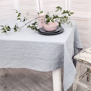 Linen tablecloth. Washed linen tablecloth. Table cloth in grayish blue color. Handmade table linen available in 47 colors.