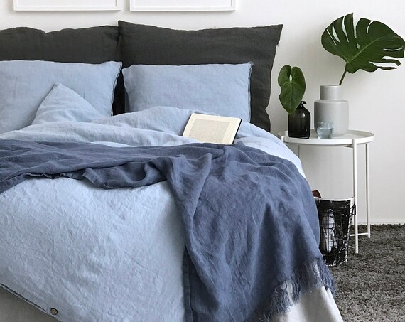 Extra wide Linen duvet cover. Sky blue color duvet. Seamless linen quilt cover.  Twin, queen, king size comforter. Linen bedding.