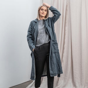 Linen coat in heavy weight linen fabric / Loose long linen jacket with long sleeves and deep side pockets / Fall linen wrap belted coat