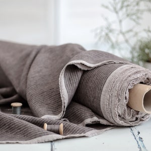 Linen fabric. Brown Stripped linen. Medium weight Baltic linen fabric. Flax linen fabric. Prewashed soft linen fabric by meter or yard