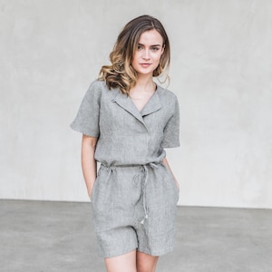 Woman overall,jumpsuit with shorts. Short sleeves linen overall with side pockets. Linen jumpsuit.Short daily cloth. Loose fit linen romper.