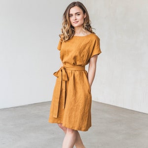 Linen dress in Mustard Yellow color. Plus size dress. Knee length short sleeves dress. Maternity friendly dress. Available in 47 colors.