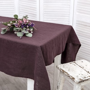 Linen tablecloth. Washed linen tablecloth. Table cloth in plum color. Handmade table linen available in 47 colors.