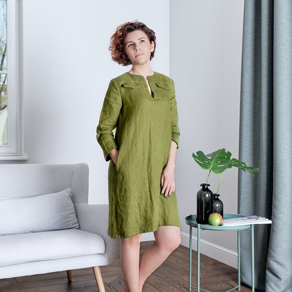 Linen dress / Casual long sleeve dress / Handmade fall linen kimono dress / Moss green linen dress / Available in 47 colors