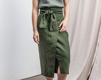 Linen skirt. Handmade linen wrap skirt in forest green color. Available in 47 colors.
