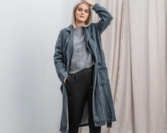 Leinenmantel aus schwerem Leinengewebe / Lockere lange Leinenjacke mit langen Ärmeln und tiefen Seitentaschen / Herbst Leinenmantel mit Gürtel