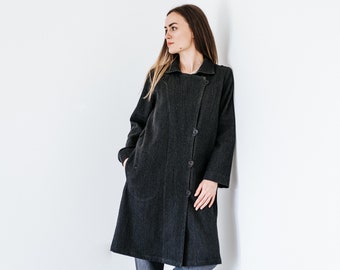 Lockerer Leinenmantel aus schwerem Leinengewebe / Knielange Leinenjacke mit langen Ärmeln und tiefen Seitentaschen / Herbst Leinenjacke