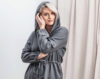 Linen tunic dress  V neck hooded dress with deep pockets in Graphite color. Oversize women apparel  summer trend casual dress.