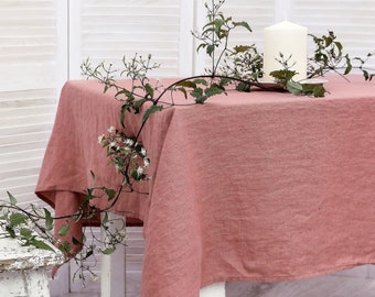 Linen tablecloth. Washed linen tablecloth. Table cloth in salmon color. Handmade table linen available in 47 colors.