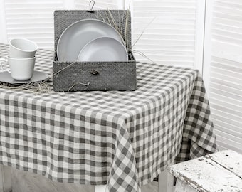Handmade Linen tablecloth. Washed linen tablecloth. Table cloth in Natural-Gray Checks available in 47 colors.