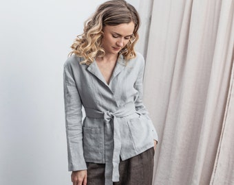 Linen jacket. Womans jacket with long sleeves. Wrap linen jacket. Linen blazer. Washed linen cardigan. Linen summer coat. Linen clothing.