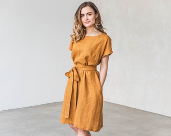 Linen dress in Mustard Yellow color. Plus size dress. Knee length short sleeves dress. Maternity friendly dress. Available in 47 colors.