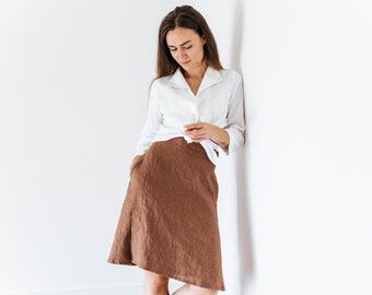 Linen skirt. Wrap skirt with deep side pockets.  Summer skirt. A line skirt. Mini linen skirt. Linen clothes. Available in 47 colors.