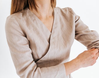 Linen wrap top. Soft linen wrap shirt with long sleeves. Available in 47 colors.