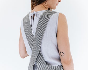 Crossed back woman's linen japanese apron / Elegant pinafore comfortable smock apron / Linen full apron dress