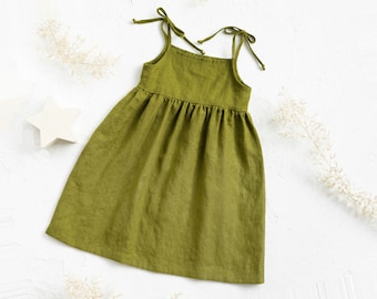Girls linen strap dress in Moss green.  Linen dress  with ties. Sleeveless boho children dresss. Summer tie strap dress  for toddlers.