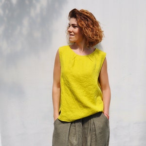 Decorated linen Plain tank top ARIA . Sleeveless linen top. Round neck flax shirt. Linen tunic. Plain blouse. Yellow blouse. Boat neck top.