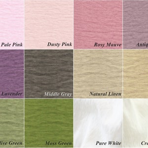 Puede incluir: Una paleta de colores con muestras de tela en varios tonos. Los colores incluyen Rosa p&aacute;lido, Rosa polvoriento, Malva rosado, Malva antiguo, Lavanda, Gris medio, Lino natural, Avena, Verde oliva, Verde musgo, Blanco puro y Blanco crema.