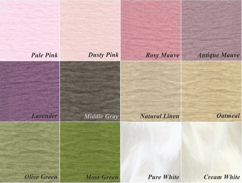 Puede incluir: Una paleta de colores con muestras de tela en varios tonos. Los colores incluyen Rosa p&aacute;lido, Rosa polvoriento, Malva rosado, Malva antiguo, Lavanda, Gris medio, Lino natural, Avena, Verde oliva, Verde musgo, Blanco puro y Blanco crema.