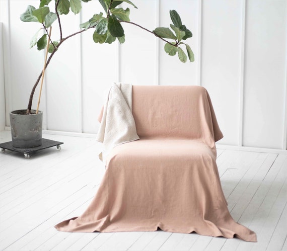 Two Sided Linen Blanket.  Reversible Couch Cover in Cacao and Dusty Peach. Linen Coverlet King, Queen size. Rustic linen Bedspread Slipcover